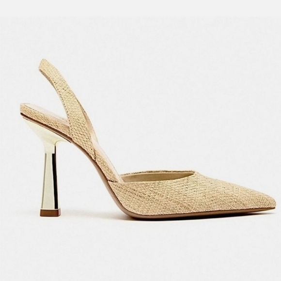 Zara Tan Raffia Straw Slingback Woven Pointed Toe Silver Fan Heel Shoes 39 US 8 - Picture 3 of 13